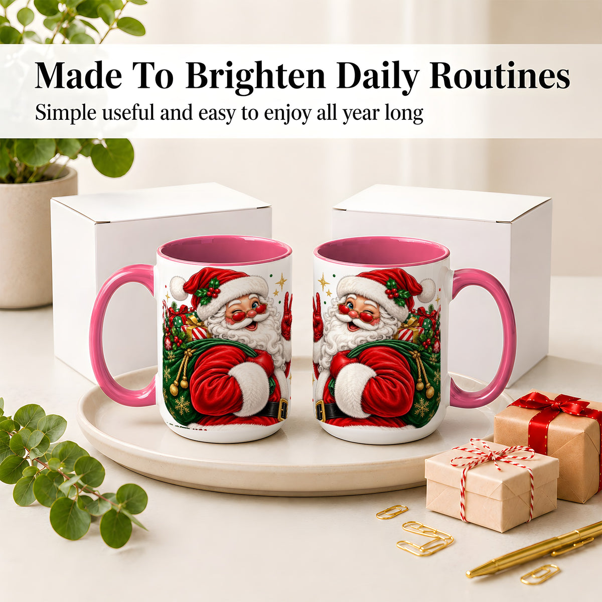 #pl[15oz|Pink] Santa Claus Christmas Accent Mug, Ceramic Mug