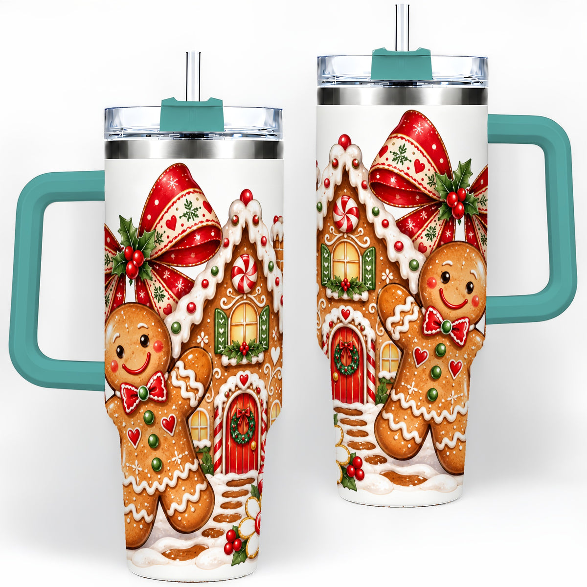 #pl[40oz|Green] Gingerbread Christmas 40oz Tumbler, House Cookie Holiday Drinkware