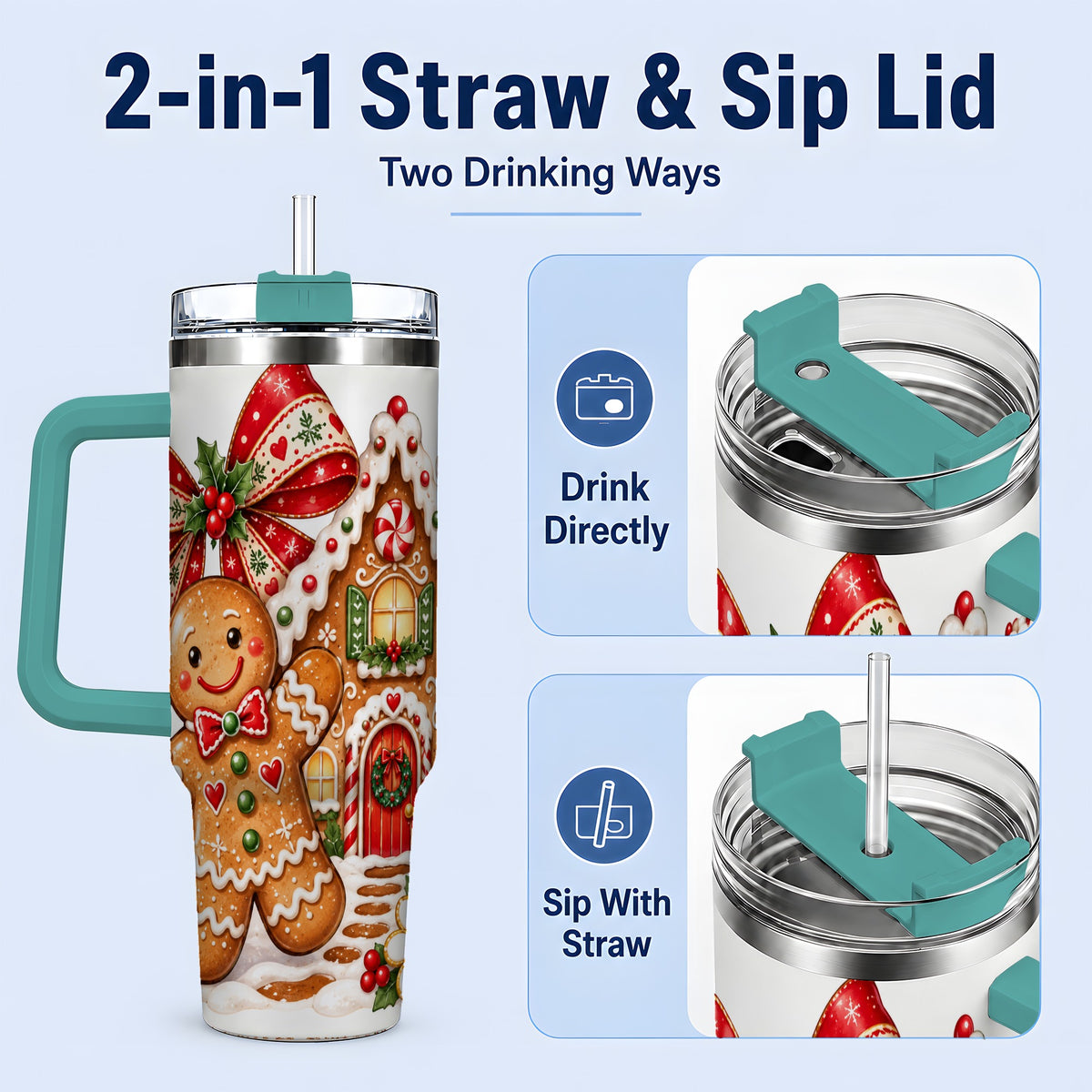 #pl[40oz|Green] Gingerbread Christmas 40oz Tumbler, House Cookie Holiday Drinkware