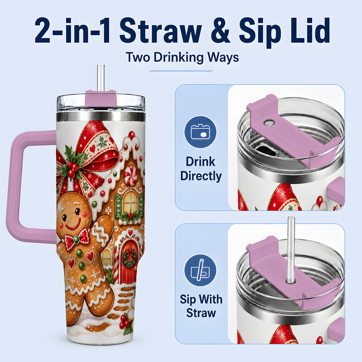 #pl[40oz|Pink] Gingerbread Christmas 40oz Tumbler, House Cookie Holiday Drinkware