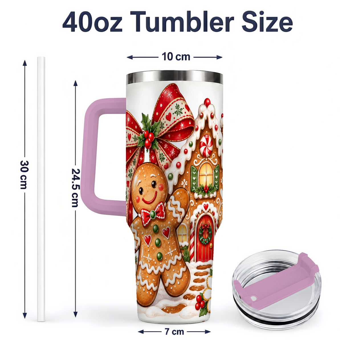 #pl[40oz|Pink] Gingerbread Christmas 40oz Tumbler, House Cookie Holiday Drinkware
