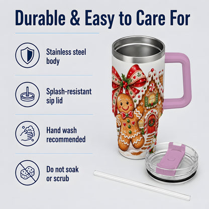 #pl[40oz|Pink] Gingerbread Christmas 40oz Tumbler, House Cookie Holiday Drinkware