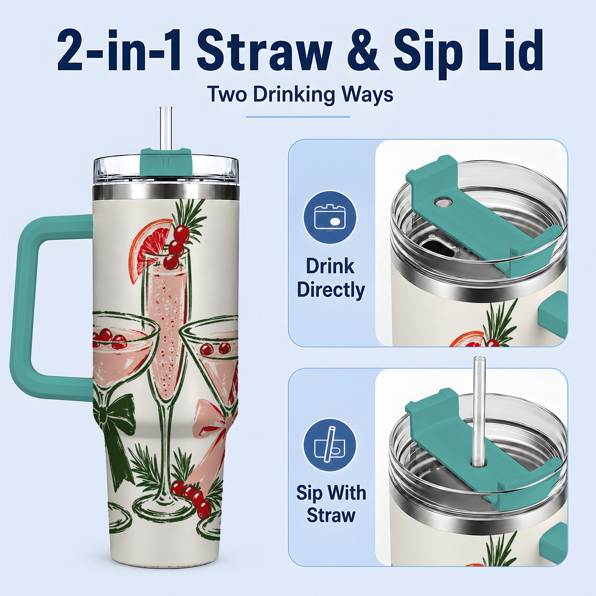#pl[40oz|Green] Christmas Cocktail 40oz Tumbler, Candy Cane Cranberry Holiday Artwork