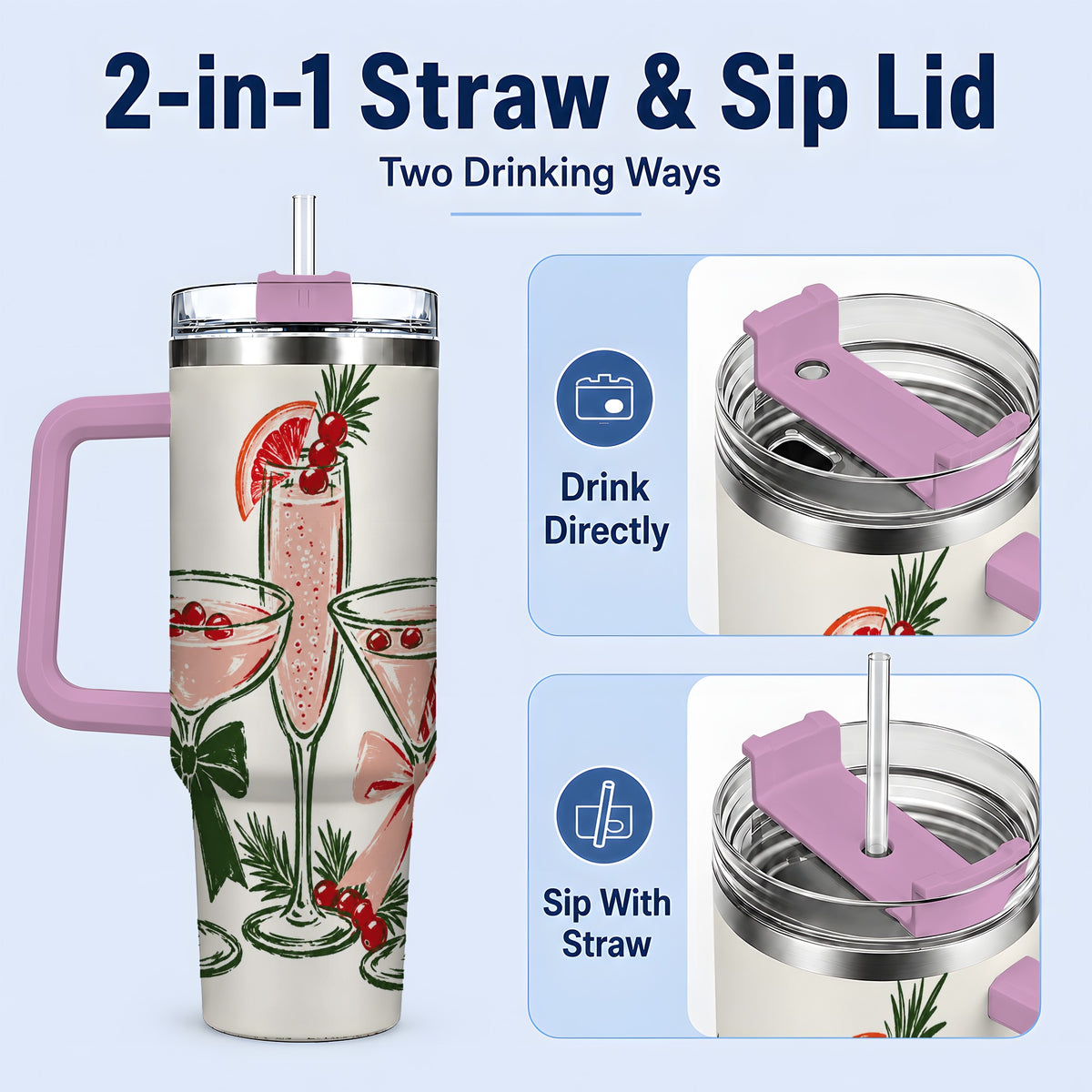 #pl[40oz|Pink] Christmas Cocktail 40oz Tumbler, Candy Cane Cranberry Holiday Artwork