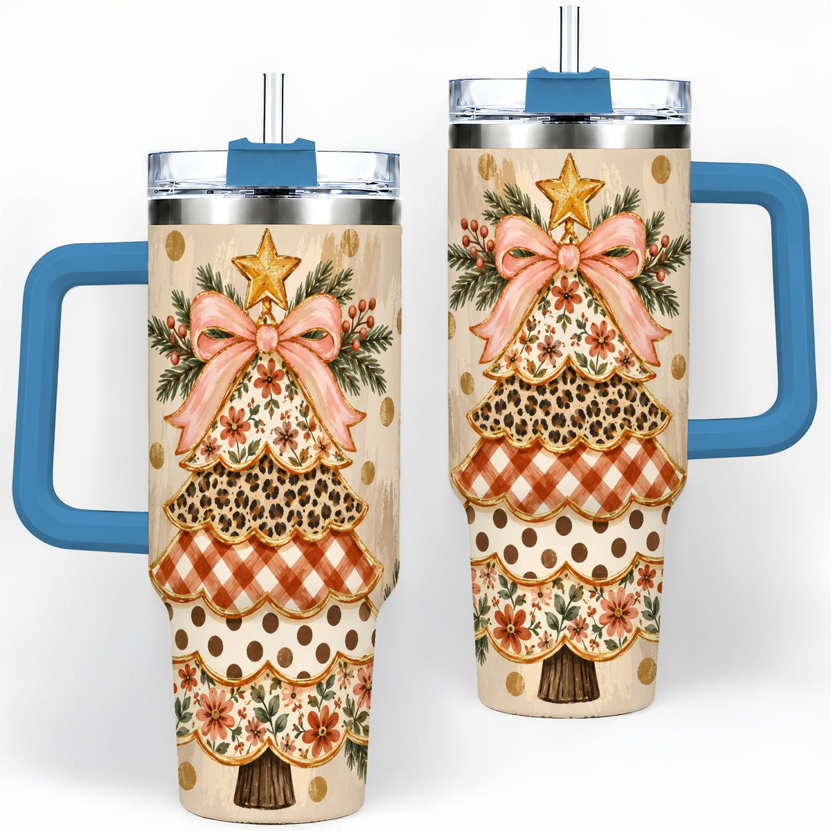 #pl[40oz|Blue] Patchwork Christmas Tree 40oz Tumbler, Floral Plaid Holiday Artwork