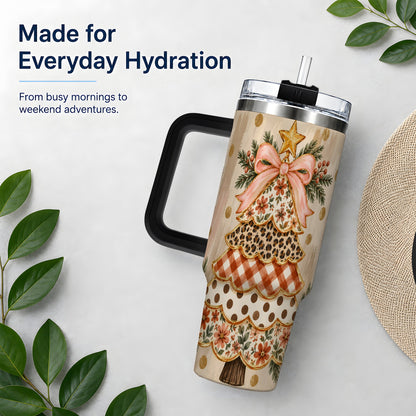 #pl[40oz|Black] Patchwork Christmas Tree 40oz Tumbler, Floral Plaid Holiday Artwork
