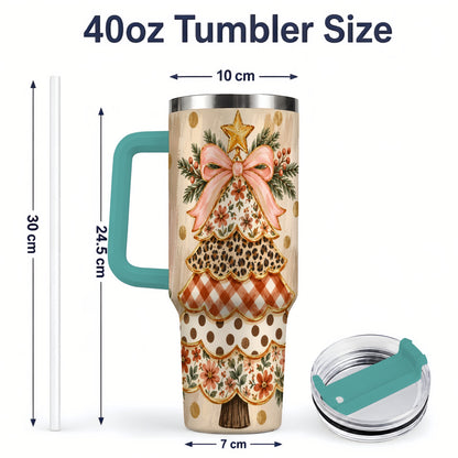 #pl[40oz|Green] Patchwork Christmas Tree 40oz Tumbler, Floral Plaid Holiday Artwork