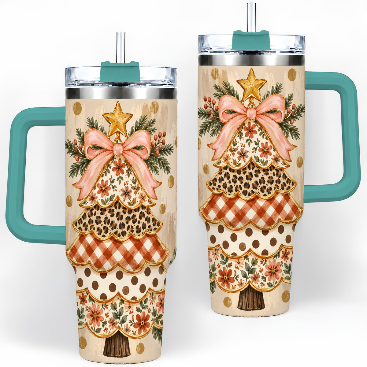 #pl[40oz|Green] Patchwork Christmas Tree 40oz Tumbler, Floral Plaid Holiday Artwork