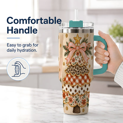 #pl[40oz|Green] Patchwork Christmas Tree 40oz Tumbler, Floral Plaid Holiday Artwork