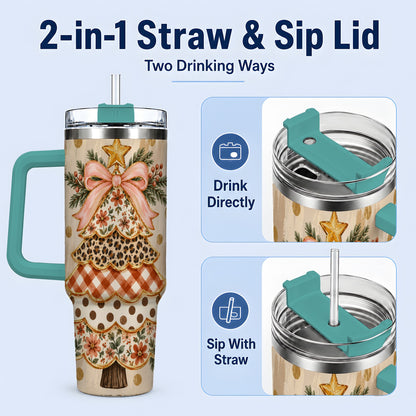 #pl[40oz|Green] Patchwork Christmas Tree 40oz Tumbler, Floral Plaid Holiday Artwork