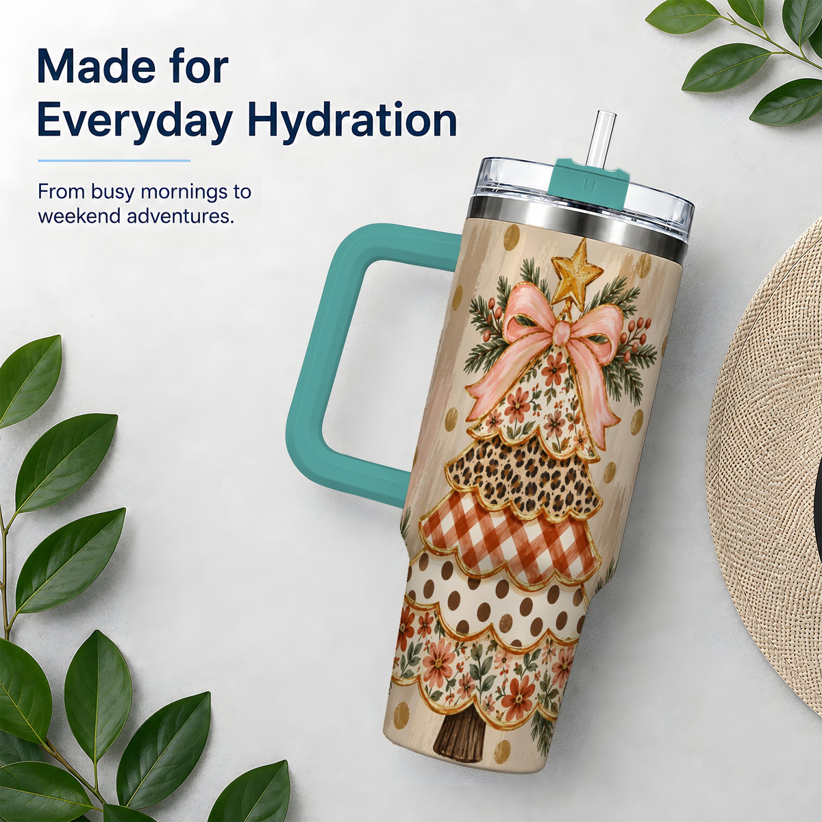 #pl[40oz|Green] Patchwork Christmas Tree 40oz Tumbler, Floral Plaid Holiday Artwork