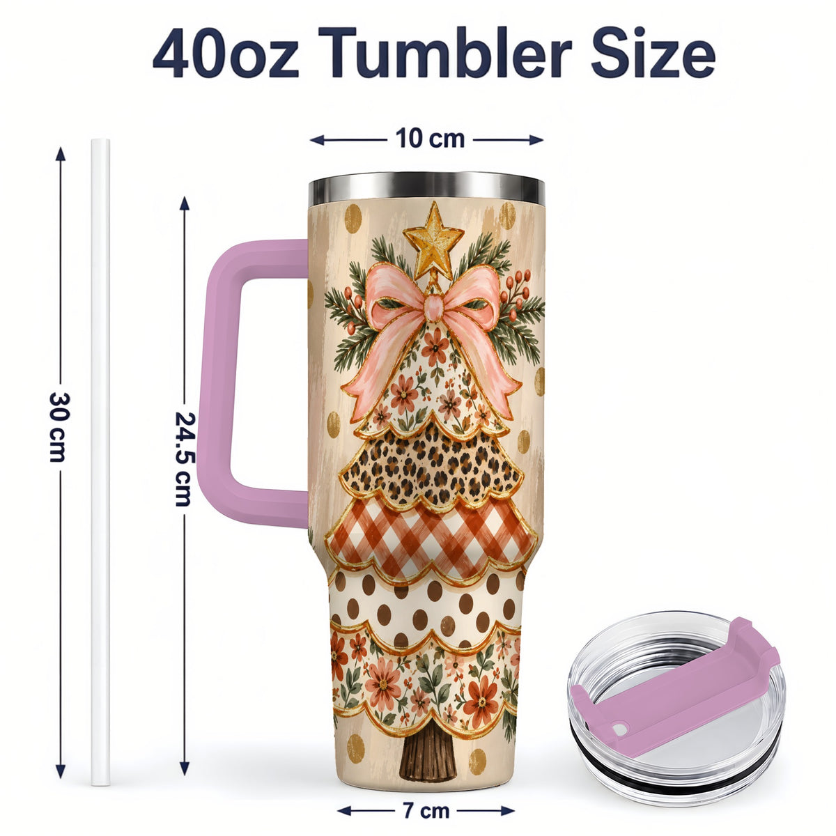#pl[40oz|Pink] Patchwork Christmas Tree 40oz Tumbler, Floral Plaid Holiday Artwork