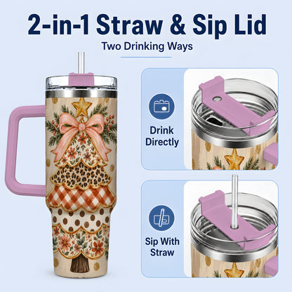#pl[40oz|Pink] Patchwork Christmas Tree 40oz Tumbler, Floral Plaid Holiday Artwork