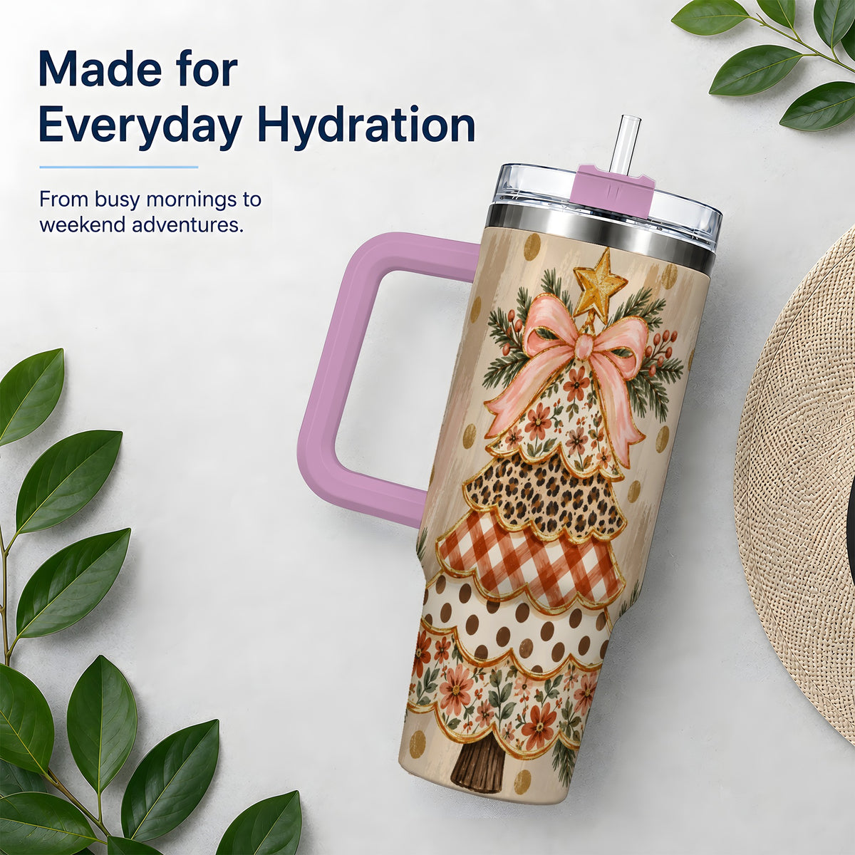 #pl[40oz|Pink] Patchwork Christmas Tree 40oz Tumbler, Floral Plaid Holiday Artwork