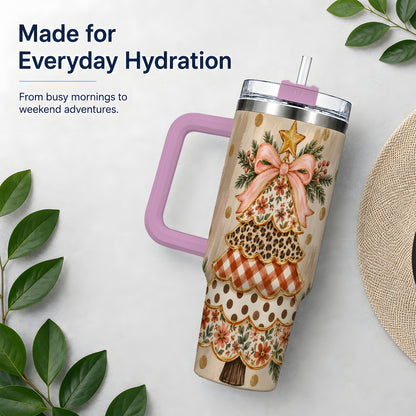 #pl[40oz|Pink] Patchwork Christmas Tree 40oz Tumbler, Floral Plaid Holiday Artwork
