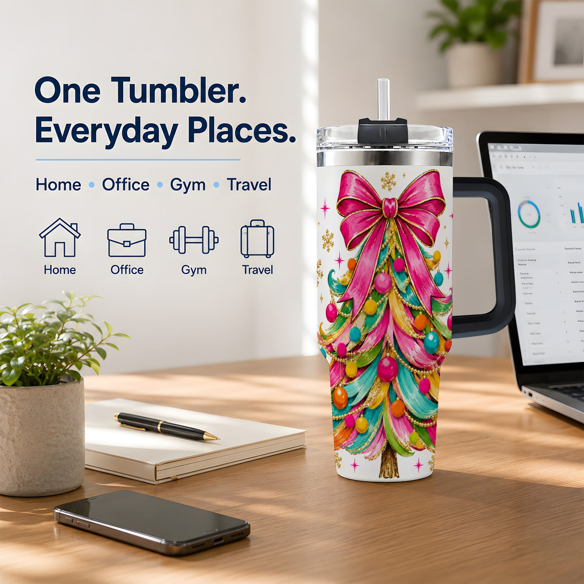 #pl[40oz|Black] Colorful Christmas Tree 40oz Tumbler, Pink Bow Holiday Festive Artwork