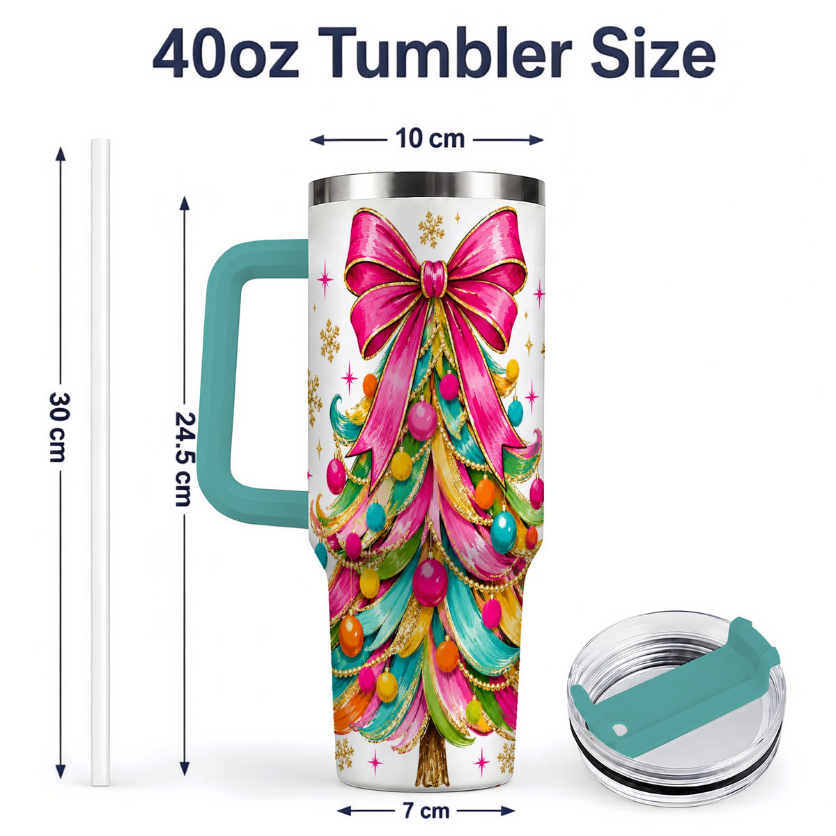 #pl[40oz|Green] Colorful Christmas Tree 40oz Tumbler, Pink Bow Holiday Festive Artwork