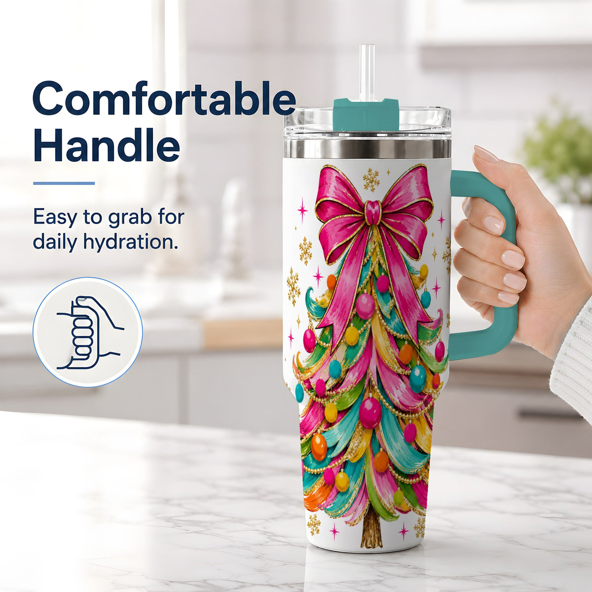 #pl[40oz|Green] Colorful Christmas Tree 40oz Tumbler, Pink Bow Holiday Festive Artwork