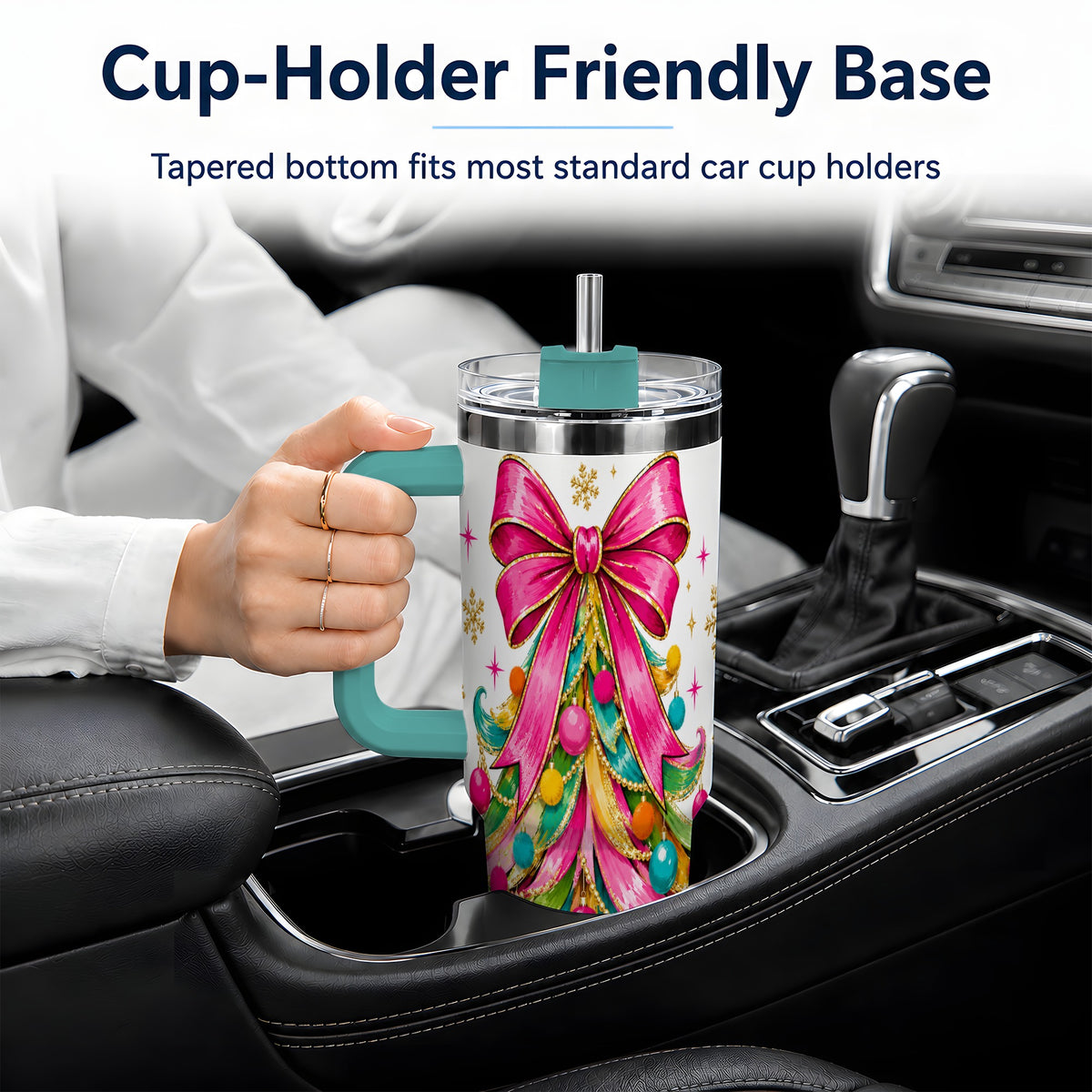 #pl[40oz|Green] Colorful Christmas Tree 40oz Tumbler, Pink Bow Holiday Festive Artwork