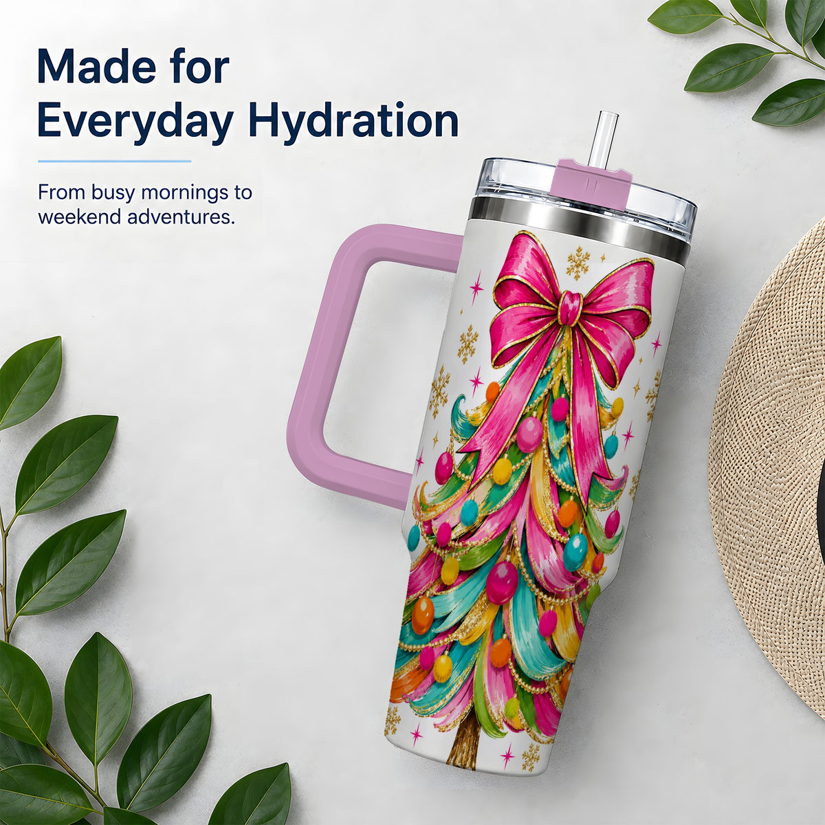#pl[40oz|Pink] Colorful Christmas Tree 40oz Tumbler, Pink Bow Holiday Festive Artwork