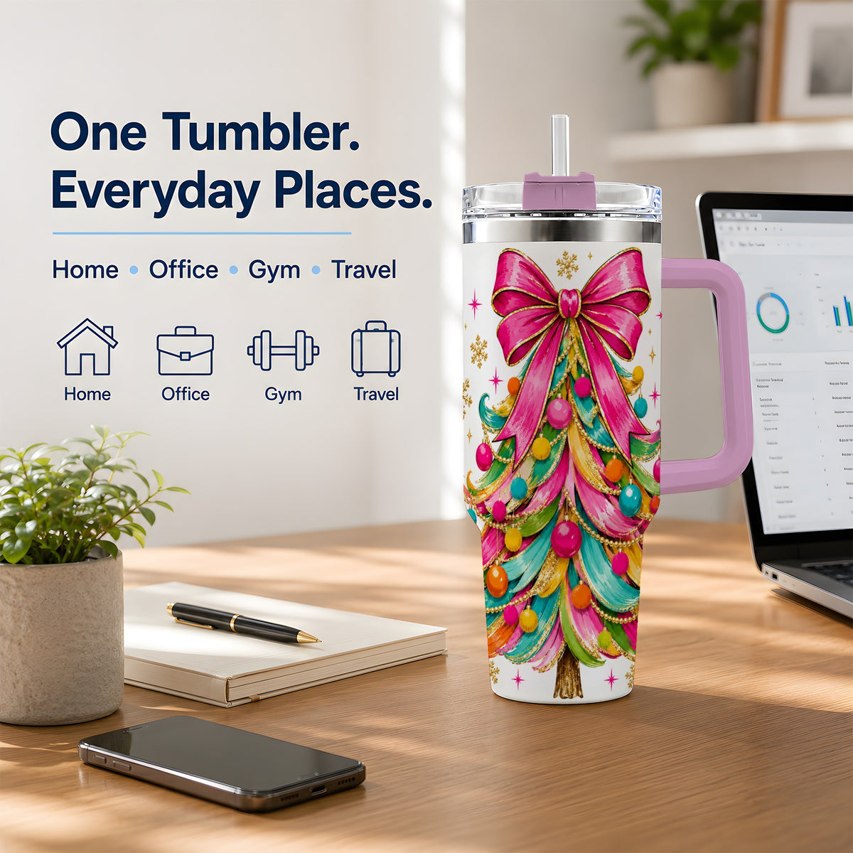 #pl[40oz|Pink] Colorful Christmas Tree 40oz Tumbler, Pink Bow Holiday Festive Artwork