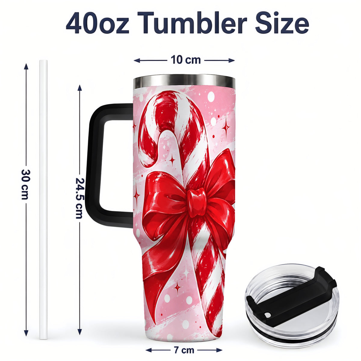 #pl[40oz|Black] Candy Cane Bow 40oz Tumbler, Red Pink Christmas Holiday Drinkware