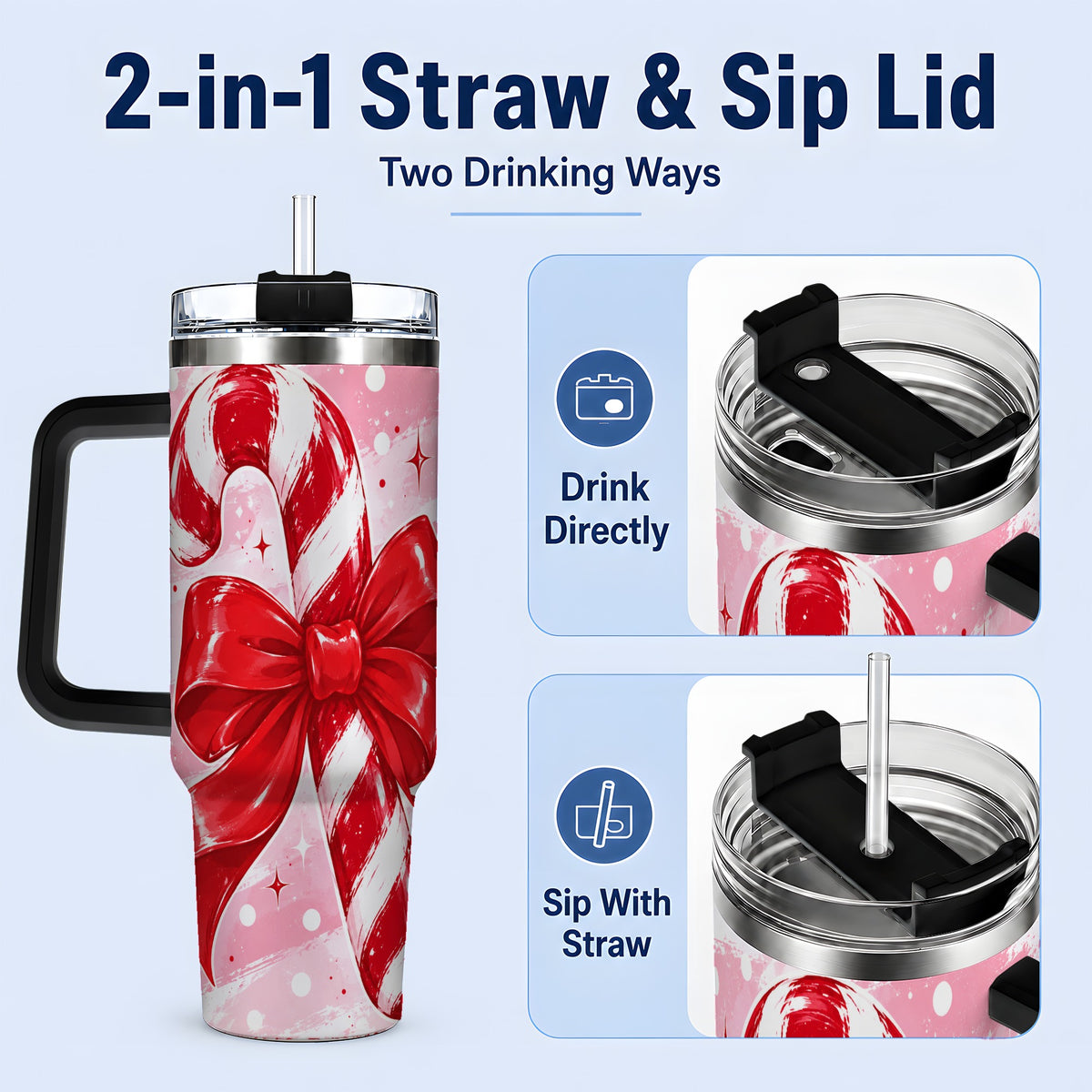 #pl[40oz|Black] Candy Cane Bow 40oz Tumbler, Red Pink Christmas Holiday Drinkware