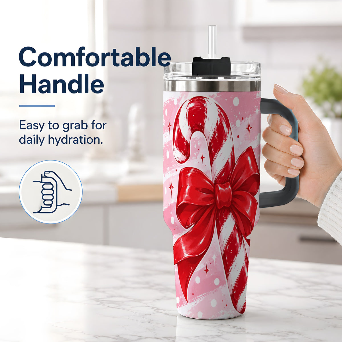 #pl[40oz|Black] Candy Cane Bow 40oz Tumbler, Red Pink Christmas Holiday Drinkware