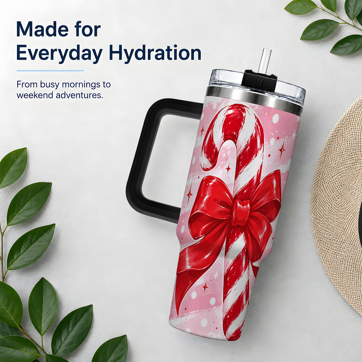 #pl[40oz|Black] Candy Cane Bow 40oz Tumbler, Red Pink Christmas Holiday Drinkware