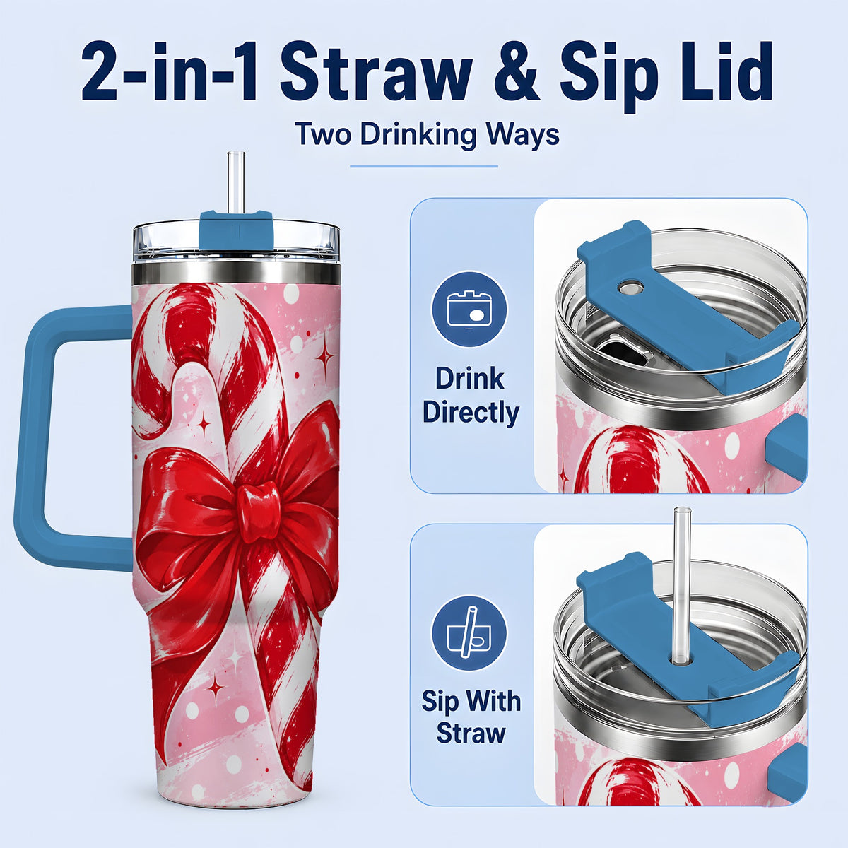 #pl[40oz|Blue] Candy Cane Bow 40oz Tumbler, Red Pink Christmas Holiday Drinkware