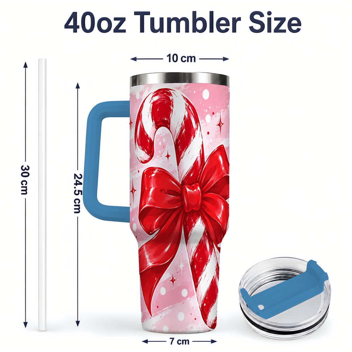 #pl[40oz|Blue] Candy Cane Bow 40oz Tumbler, Red Pink Christmas Holiday Drinkware