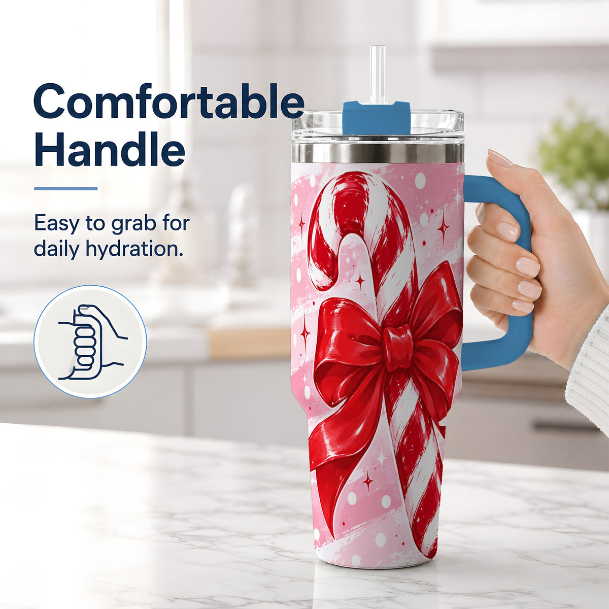 #pl[40oz|Blue] Candy Cane Bow 40oz Tumbler, Red Pink Christmas Holiday Drinkware