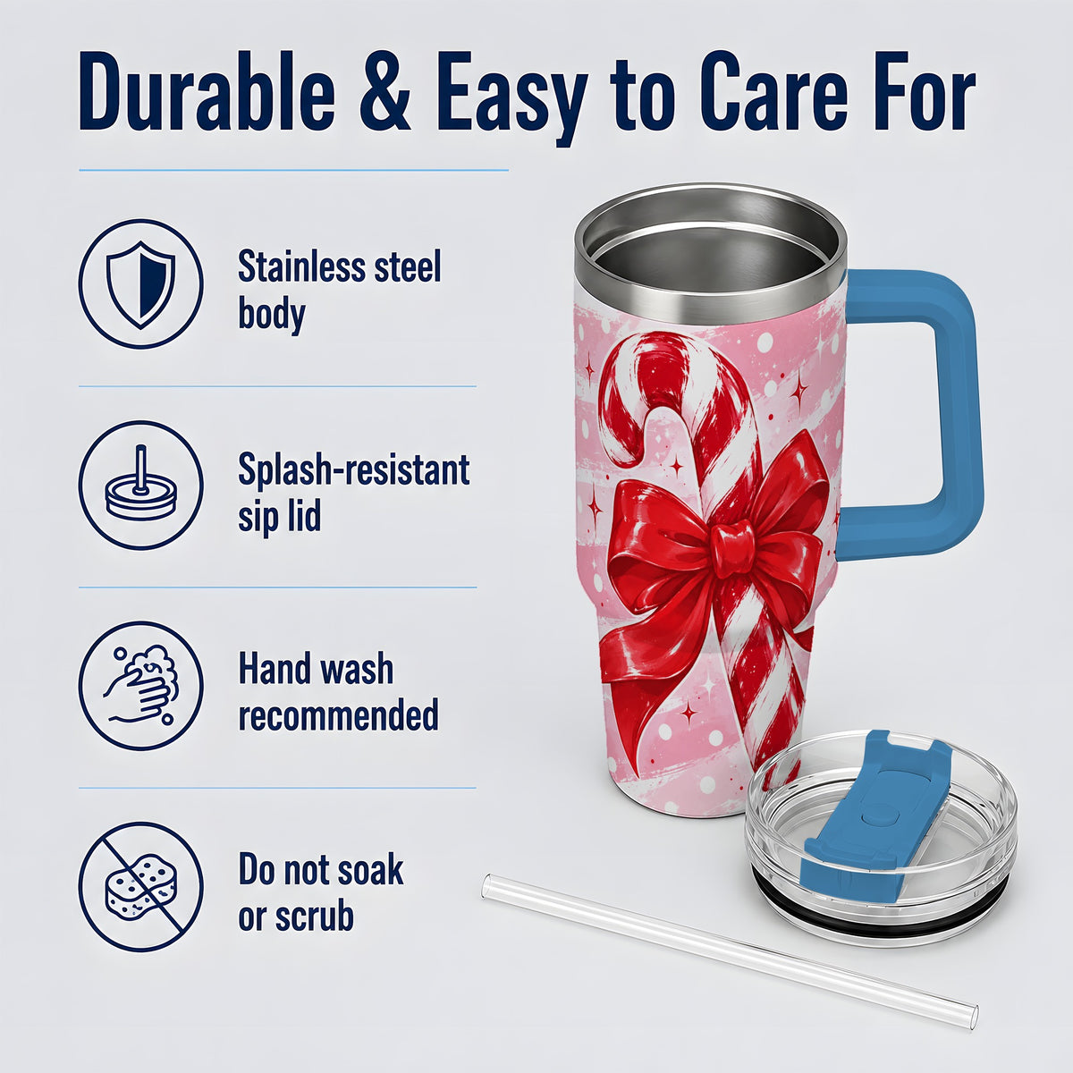 #pl[40oz|Blue] Candy Cane Bow 40oz Tumbler, Red Pink Christmas Holiday Drinkware