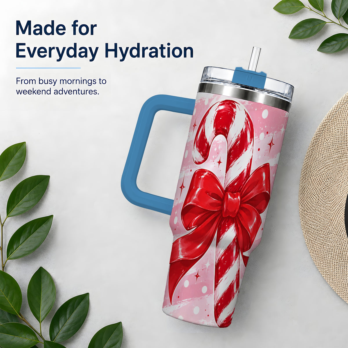 #pl[40oz|Blue] Candy Cane Bow 40oz Tumbler, Red Pink Christmas Holiday Drinkware