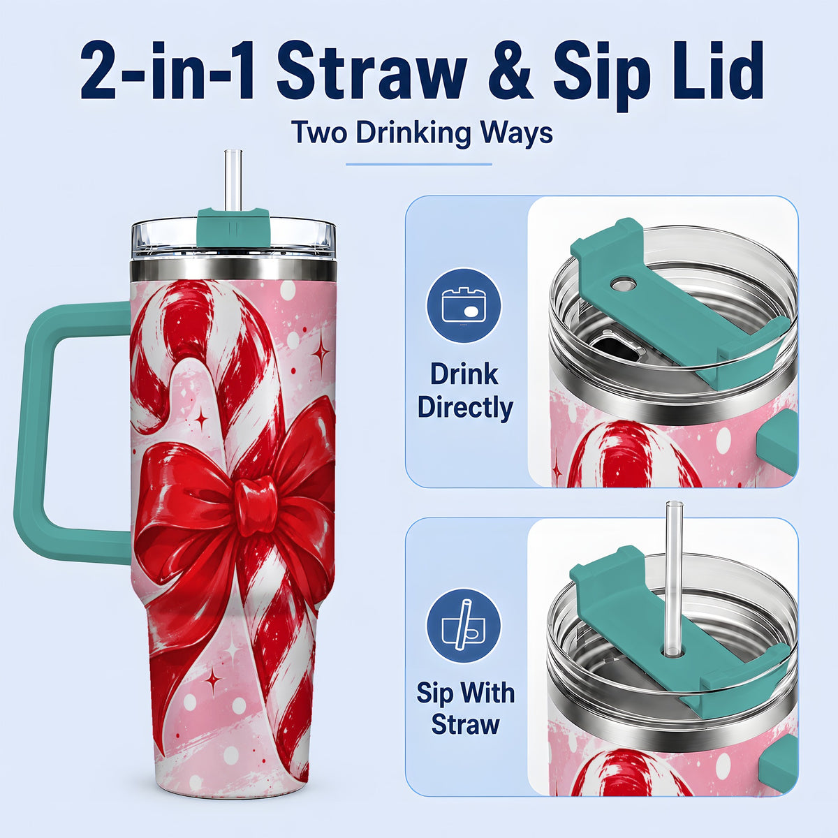 #pl[40oz|Green] Candy Cane Bow 40oz Tumbler, Red Pink Christmas Holiday Drinkware