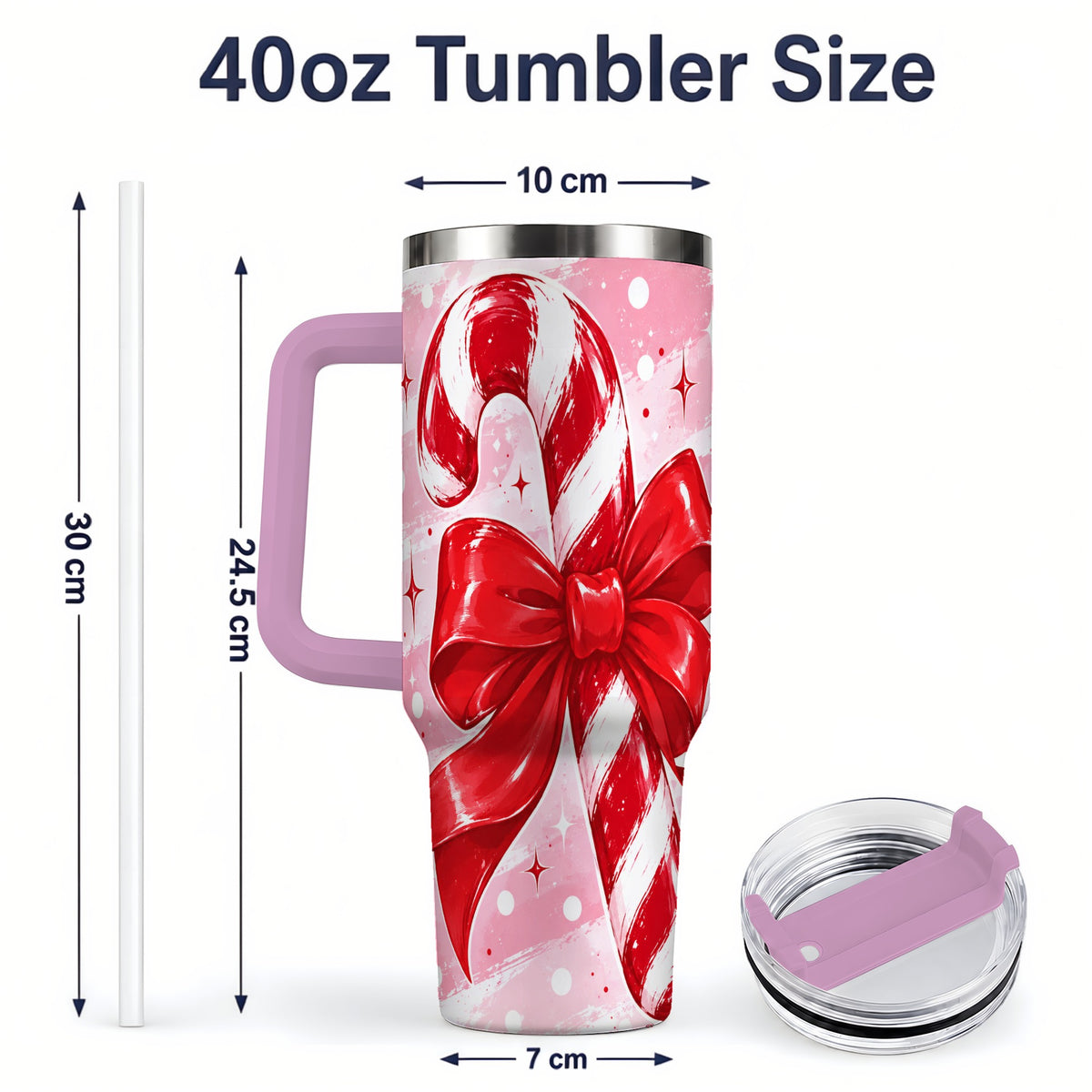 #pl[40oz|Pink] Candy Cane Bow 40oz Tumbler, Red Pink Christmas Holiday Drinkware