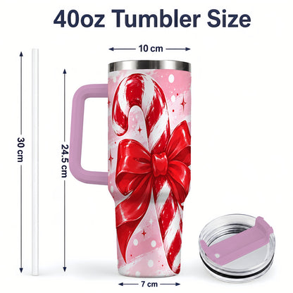 #pl[40oz|Pink] Candy Cane Bow 40oz Tumbler, Red Pink Christmas Holiday Drinkware