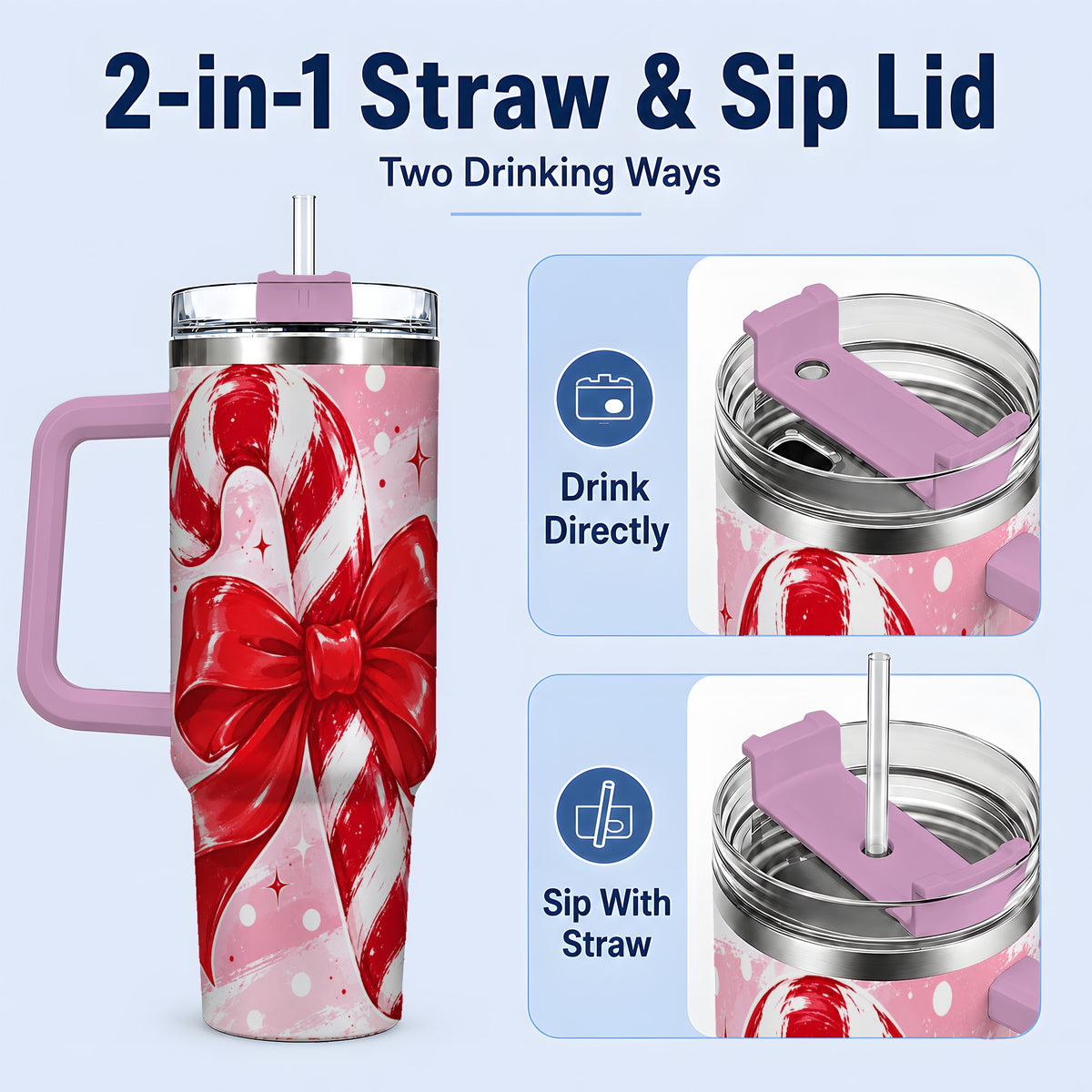 #pl[40oz|Pink] Candy Cane Bow 40oz Tumbler, Red Pink Christmas Holiday Drinkware