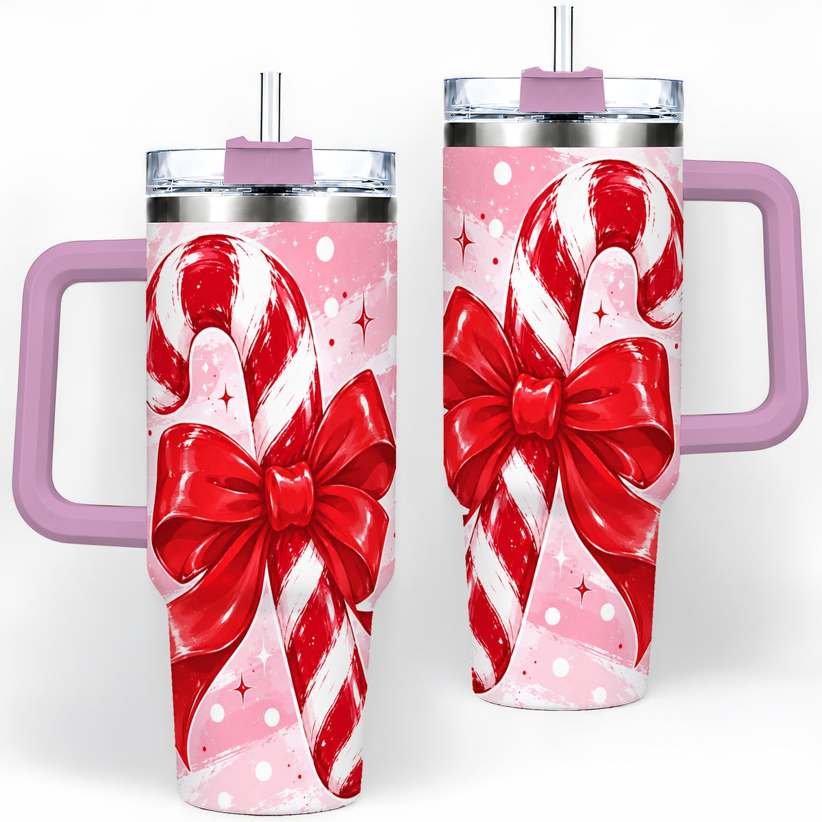 #pl[40oz|Pink] Candy Cane Bow 40oz Tumbler, Red Pink Christmas Holiday Drinkware