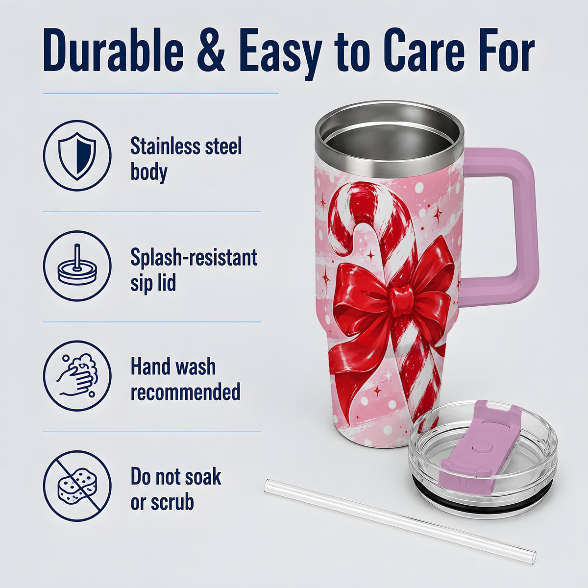 #pl[40oz|Pink] Candy Cane Bow 40oz Tumbler, Red Pink Christmas Holiday Drinkware