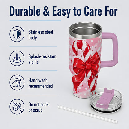 #pl[40oz|Pink] Candy Cane Bow 40oz Tumbler, Red Pink Christmas Holiday Drinkware
