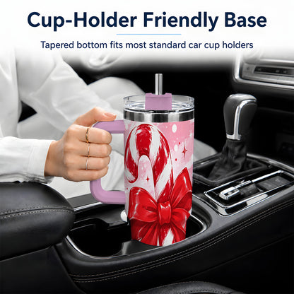 #pl[40oz|Pink] Candy Cane Bow 40oz Tumbler, Red Pink Christmas Holiday Drinkware