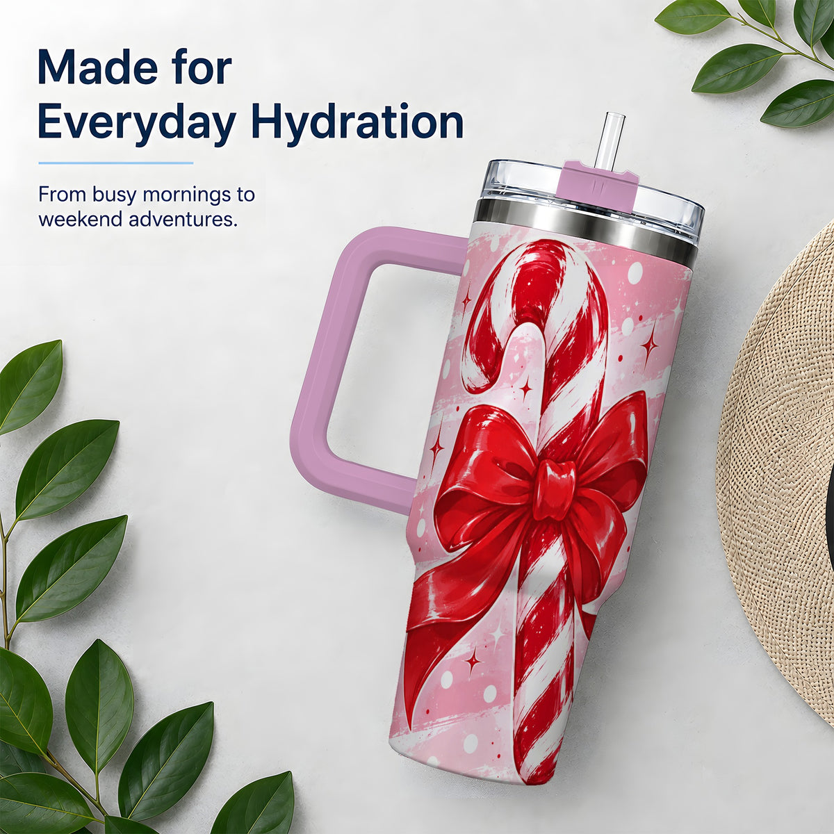 #pl[40oz|Pink] Candy Cane Bow 40oz Tumbler, Red Pink Christmas Holiday Drinkware