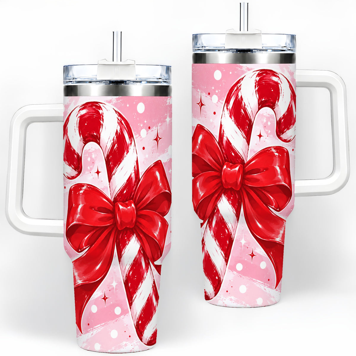 Candy Cane Bow 40oz Tumbler, Red Pink Christmas Holiday Drinkware