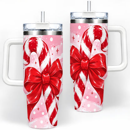 Candy Cane Bow 40oz Tumbler, Red Pink Christmas Holiday Drinkware