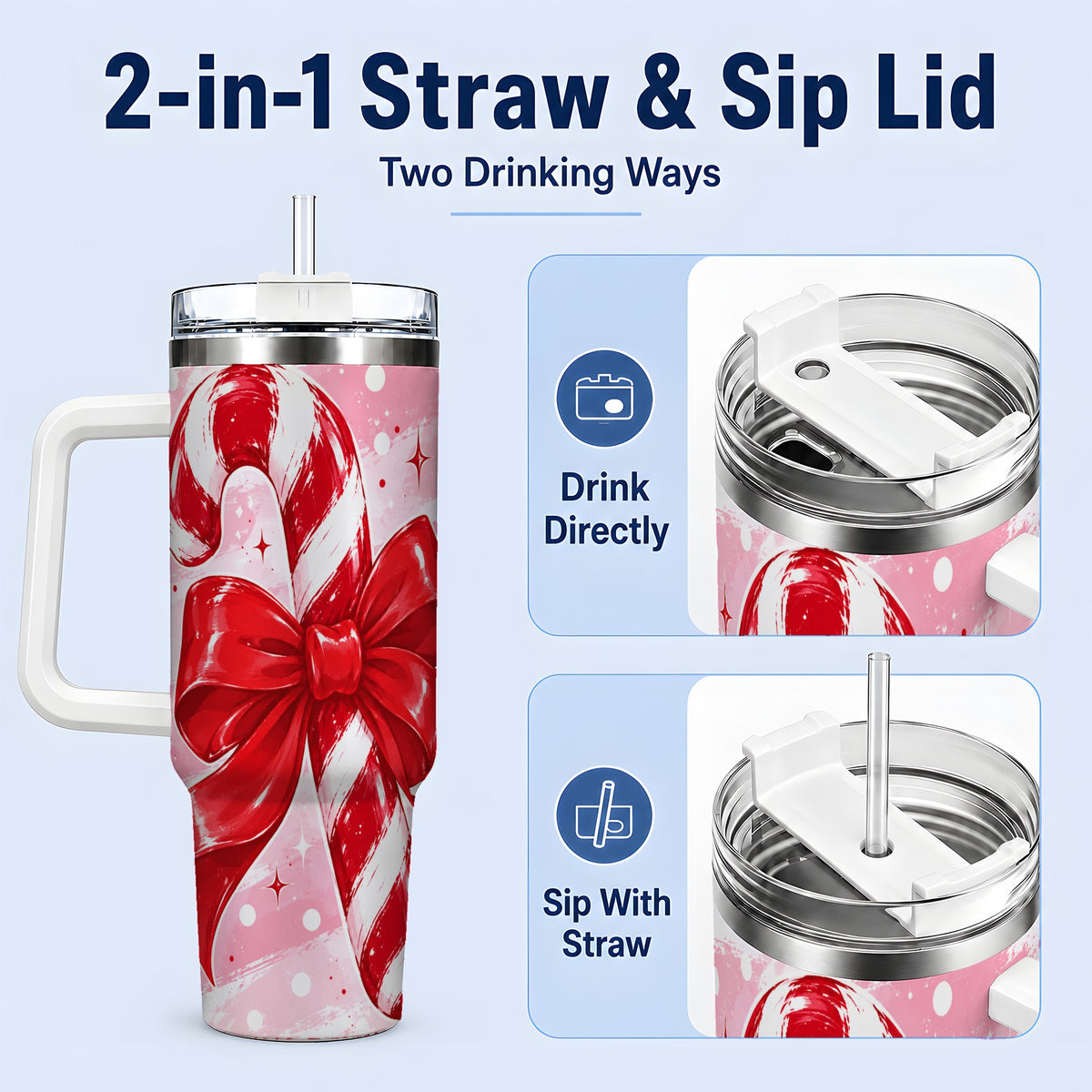 #pl[40oz|White] Candy Cane Bow 40oz Tumbler, Red Pink Christmas Holiday Drinkware