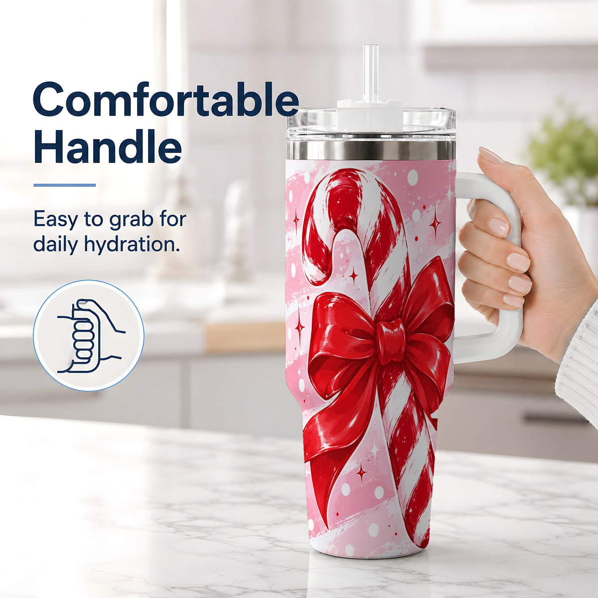 #pl[40oz|White] Candy Cane Bow 40oz Tumbler, Red Pink Christmas Holiday Drinkware
