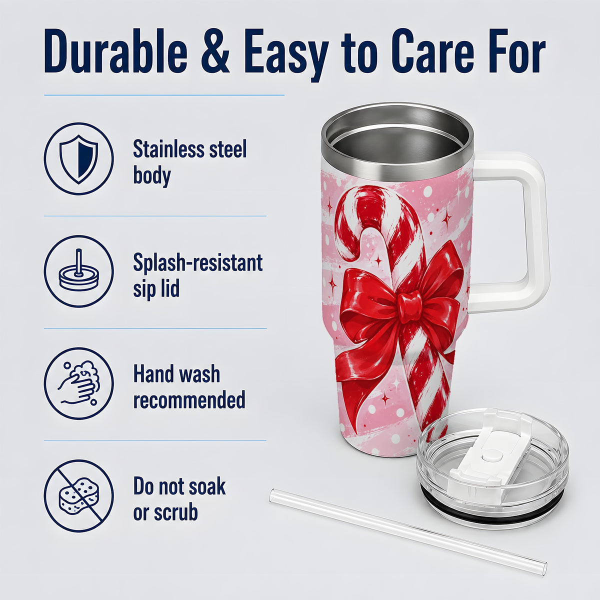 #pl[40oz|White] Candy Cane Bow 40oz Tumbler, Red Pink Christmas Holiday Drinkware
