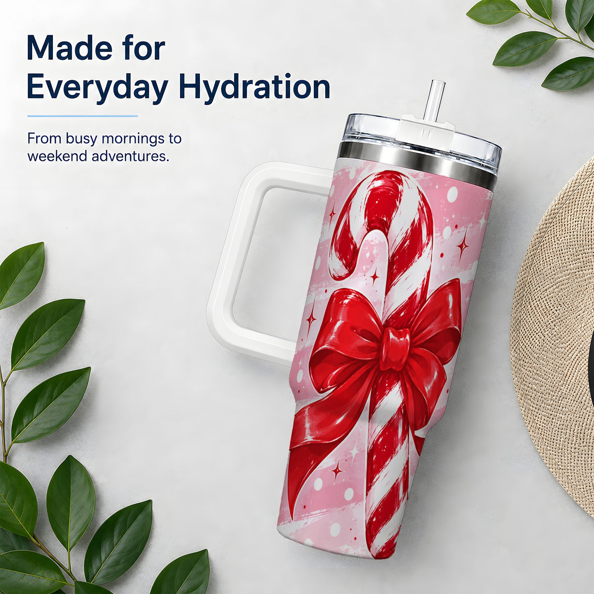 #pl[40oz|White] Candy Cane Bow 40oz Tumbler, Red Pink Christmas Holiday Drinkware