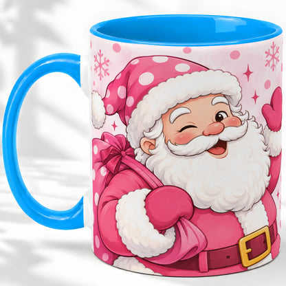 #pl[11oz|Blue] Pink Santa Christmas Accent Mug, Ceramic Mug